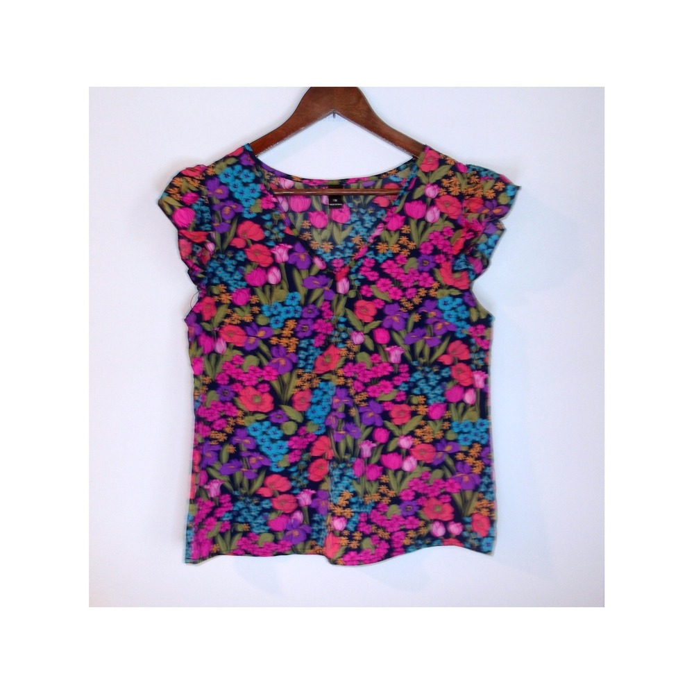 Emery Rose Floral Print Blouse V-Neck Ruffle Cap Sleeve‎ Top, Size M /#5178